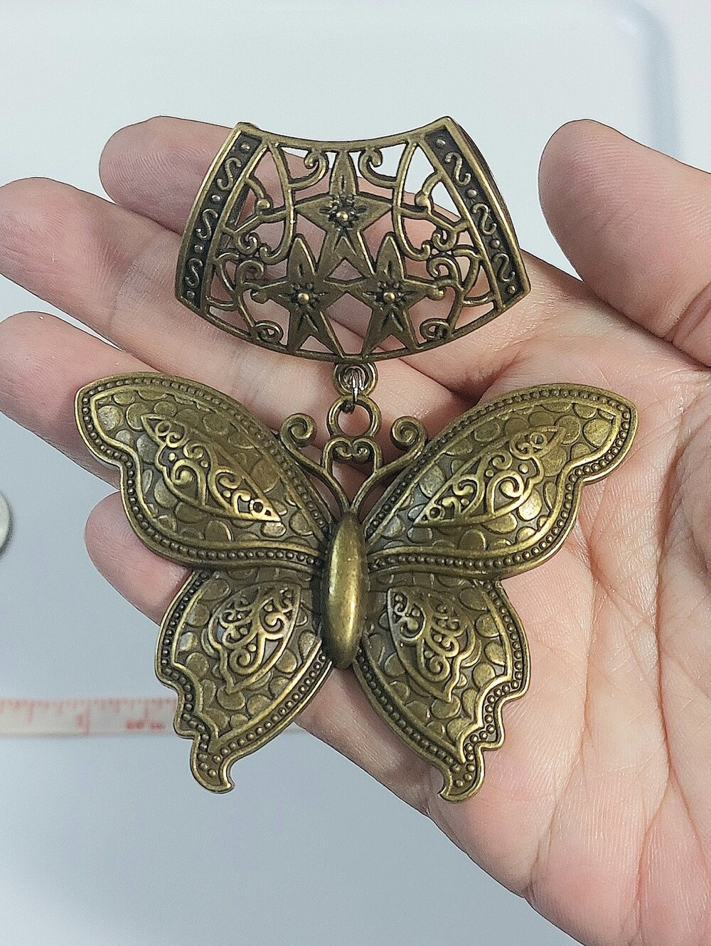 Antique Brass Filigree Butterfly Necklace Scarf Bandana Slide Pendant